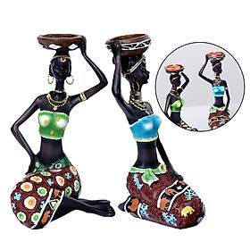 Pack of 2 African Figure Candles Holder Tribal Lady Figurine Statue Tealight Candleholder Home Decor Collectible Art Piece