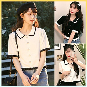 Áo len Montoghi dệt kim BÈO BÚP BÊ cổ bẻ phối nút dễ thương