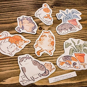 Bộ 7 miếng dán sticker về chú mèo lười | Decal nhãn dán trang trí mèo | Zip A1