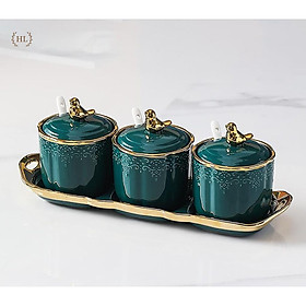 Mua 3 Hũ đựng gia vị chất liệu sứ vân sần kèm khay nắp Decor Chim 2022 | GIA VỊ SỨ CHIM XANH XÁM