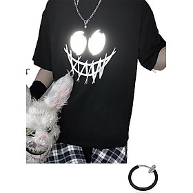 Combo Áo thun unisex tay lỡ nam nữ Chú cọ Quỷ in phản quang và khuyên tai đeo môi, mắt, tai, mũi không cần xỏ màu đen TX348KT999