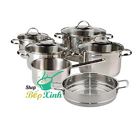 Combo bộ nồi xửng hấp inox cao cấp Fivestar 6 món 3 đáy từ nắp kính