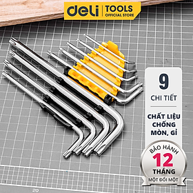 Bộ Lục Giác 9 Cây Đầu Bông Chữ L T10-T50 Deli Chính Hãng - Chất Liệu Thép Siểu Bền - Chuyên Dụng Sửa Chữa - DL3091