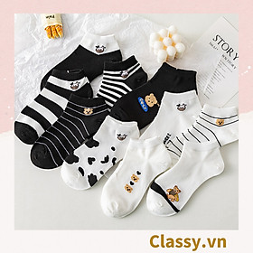 Tất cổ thấp, vớ cổ thấp Classy sọc trắng đen họa tiết hoạt hình dễ thương G1357