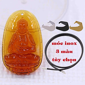 Mặt Phật Thích ca mậu ni pha lê cam 1.9cm x 3cm (size nhỏ) kèm vòng cổ dây cao su đen + móc inox vàng, Mặt dây chuyền Phật tổ Như lai