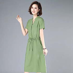 Đầm Linen nữ dáng suông rút eo, Váy linen nữ công sở thiết kế cổ tàu ngắn tay thời trang nữ Haint Boutique