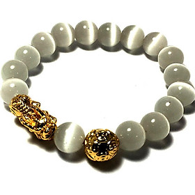 Vòng tay phong thủy đá mắt mèo màu trắng kèm cham tì hiu bạc mạ vàng 24k cao cấp cho người mệnh kim - mệnh thủy - VPT20A- Bạc QTJ (TRẮNG)