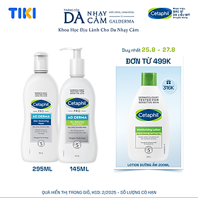 Bộ Sữa tắm dưỡng ẩm cho viêm da cơ địa Cetaphil Pro AD Derma Wash 295ml + Sữa dưỡng ẩm dịu lành cho viêm da cơ địa CETAPHIL PRO AD DERMA SKIN RESTORING MOISTURIZER 145ml