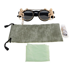 Double Flip Glasses Monkey Pearl Chain Cord Retro Sunglasses Black