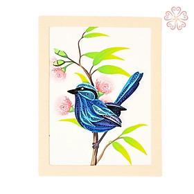 Thiệp Quilling có khung - size 8.5 x 6.5 cm - Chim xanh trên cành cây