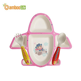 Mua Khay ăn dặm sợi tre an toàn cho bé- Bộ chén ăn dặm cao cấp 3 chi tiết thìa  dĩa  khay hình máy bay- BL021