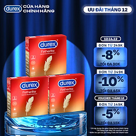 Bộ 3 hộp bao cao su Durex Fetherlite siêu mỏng, size 52.5mm, 3 bao/hộp