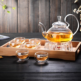 Combo bộ ấm chén pha trà thủy tinh chịu nhiệt kèm khay trà gồm ấm có lõi lọc thủy tinh 6 chén trà 2 lớp và 1 đế nến châm trà và 1 khay đựng bằng gỗ tre - Hàng chính hãng
