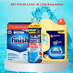 Bộ 3 sản phẩm Bột rửa bát finish 2.5kg + nước bóng 1150ml + Muối rửa chén finish 1.5kg cho Máy rửa bát chén cốc ly