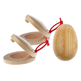 A Pair Wooden Castanets+Handcrafted Wooden Egg Rattle Toy for Children