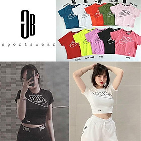 Áo croptop cộc ngắn tay ôm dáng in chữ tập gym yoga aerobic đi chơi đều xinh nhiều màu