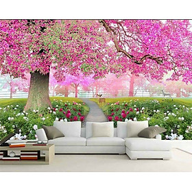 Tranh dán tuong 3d tranh trang trí cây đào hồng có sẵn keo dễ dán