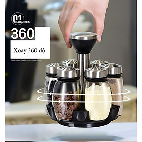 Bộ 6 lọ đựng gia vị thủy tinh kèm giá để xoay 360 độ