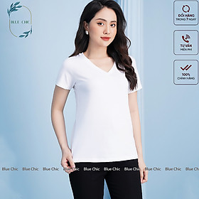 Hình ảnh Áo phông nữ Blue Chic cộc tay cổ tim chữ v thun trơn form rộng co giãn màu đen trắng cam bigsize thời trang basic