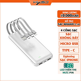 Pin sạc dự phòng Tích hợp sạc không dây HXSJ 10000mAh, Hỗ trợ sạc nhanh cổng usb 2.1A Kèm sẵn 4 đầu sạc cho các dòng điện thoại - Hàng chính hãng