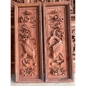 Mua Cặp tranh lý ngư vọng nguyệt bằng gỗ hương đá đục kênh bong sắc nét đẹp long lanh kt 135×47×7cm