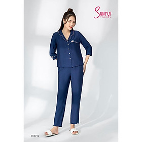 ST8712 Bộ đồ mặc nhà nữ pijamas linen SUNFLY áo tay lỡ quần dài - tím than