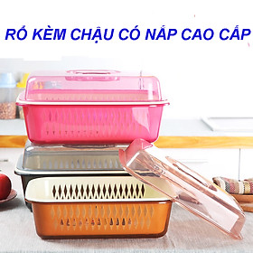 Mua Set rổ chậu kèm nắp đậy trong suốt nhựa cao cấp - Đựng hoa quả  úp cốc đựng rổ rau sống sang trọng KT: 34.5x25.1x15 cm