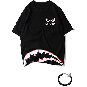 Combo Áo thun unisex tay lỡ nam nữ cá mập màu đen in chữ và khuyên tai đeo môi, mắt, tai, mũi không cần xỏ màu trắng TX387KT999