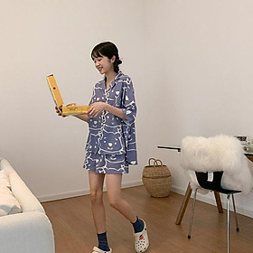 Bộ Ngủ Nữ Áo Ngắn Tay Kèm Quần Short Họa Tiết Gấu Siêu Xinh