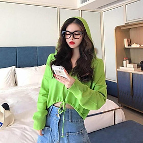 Áo len nữ dài tay khoá mũ dáng ngắn suông rút dây phong cách HQ