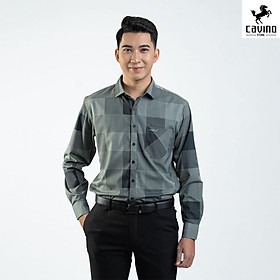Áo sơ mi nam kẻ ô vuông 3D nâu rêu cao cấp 933 CAVINO dài tay công sở