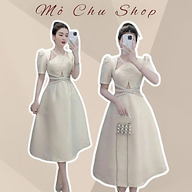 Đầm xoè tay phồng đính chuỗi eo