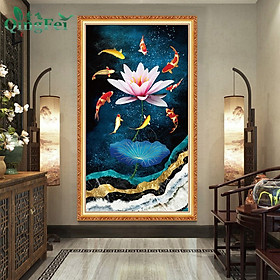 Tranh thêu kín chữ thập Cửu ngư hoa sen E119, kích thước 50 x 90 cm