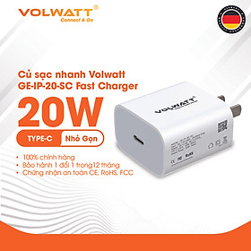 Củ sạc nhanh 20W Volwatt GE-IP-20-SC Hỗ trợ sạc nhanh Type C PD dành cho iPhone / iPad / Smartphone Android - Công nghệ PD 3.0 QC 3.0 - Hàng chính hãng - BH 12 tháng