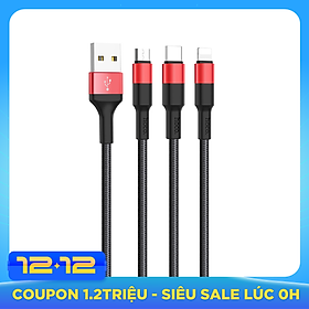 Cáp sạc đa năng 3 cổng sạc (Lightning + Micro USB + Type C) Hoco sạc được cùng lúc nhiều thiết bị, dây cáp bọc dù, chống đứt, chống rối, chống gãy gập dành cho điện IOS và Android dài 100cm, X26 - Hàng chính hãng