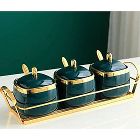 Mua Bộ 3 hũ đựng gia vị sứ khung kim loại mạ vàng màu xanh trơn