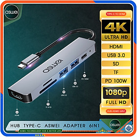 Hub Type C ASWEI 6in1 To HDMI, USB 3.0, SD, TF, PD 100W - Hàng Chính Hãng