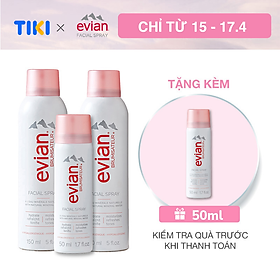 Combo 3 xịt khoáng cấp ẩm và làm dịu da Evian 150ml x 2 + 50ml