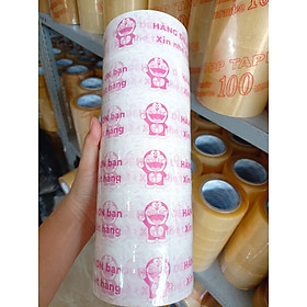 1 cuộn băng keo màu trắng sữa in hình doremon, in chữ hàng dễ vỡ màu hồng