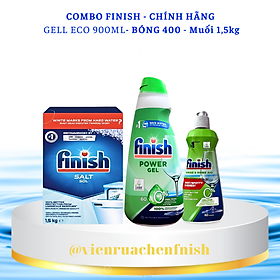 Combo Nước rửa bát finish Eco 900ml + dung dịch dầu bóng finish Eco 400ml + Muối làm mềm nước finish 1,5kg