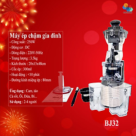 Máy Ép Chậm BUD BJ32 miệng ép lớn, tốc độ chậm 60 vòng/phút,  ép rau, củ,quả gia đình, hàng chính hãng