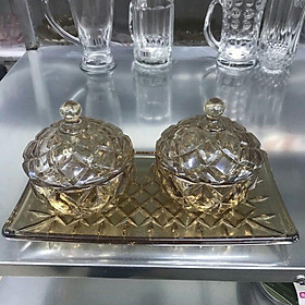 Mua 2 hũ thủy tinh đựng mứt màu vàng sang trọng kèm khay thủy tinh