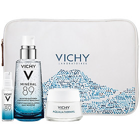 Bộ sản phẩm Serum khoáng phục hồi chuyên sâu với Vichy Mineral 89 50ml, Kem Dưỡng Aqualia Gel Cream 15ml và túi laptop Vichy cao cấp