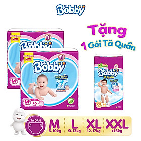 Combo 2 Tã dán Bobby siêu thấm M76/L68/XL62/XXL56 tặng 1 gói tã quần XXL44