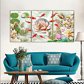 Bộ tranh treo tường 3 tấm- cửu ngư quần hội - Tranh in cán pvc gương / lụa kim sa: 2391L10