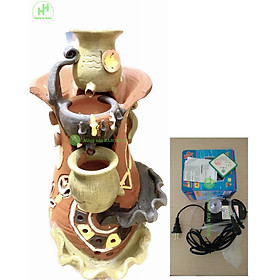 COMBO THÁC NƯỚC + MÁY BƠM: Bình gốm đài phun nước Thác nước Phong thủy - May mắn tài lộc bình an cho gia chủ! Cao 60cm, Rộng 25cm; kèm Máy bơm nước Lifetech AP3100, có sục khí
