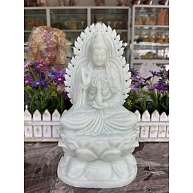 Tượng Phật Bà Quan Âm hào quang ngồi đài sen đá trắng xanh - Cao 30 cm