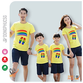 Áo thun gia đình 3/4/5 người giá rẻ - Mẫu cầu vòng áo màu vàng thun cotton 4 chiều dày dặn GD269VD | SG