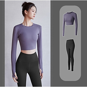 Bộ Đồ Tập Gym, Yoga, Aerobic Nữ, Quần Áo Thể Thao Nữ Quần Dài Và Áo Croptop Dài Tay Xỏ Ngón