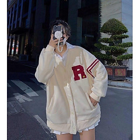 Áo Khoác Cardigan Bomber Nỉ Bông IN LOGO R Sọc Viển Tay Form Rộng Basic Nam Nữ Unisex Ulzzang